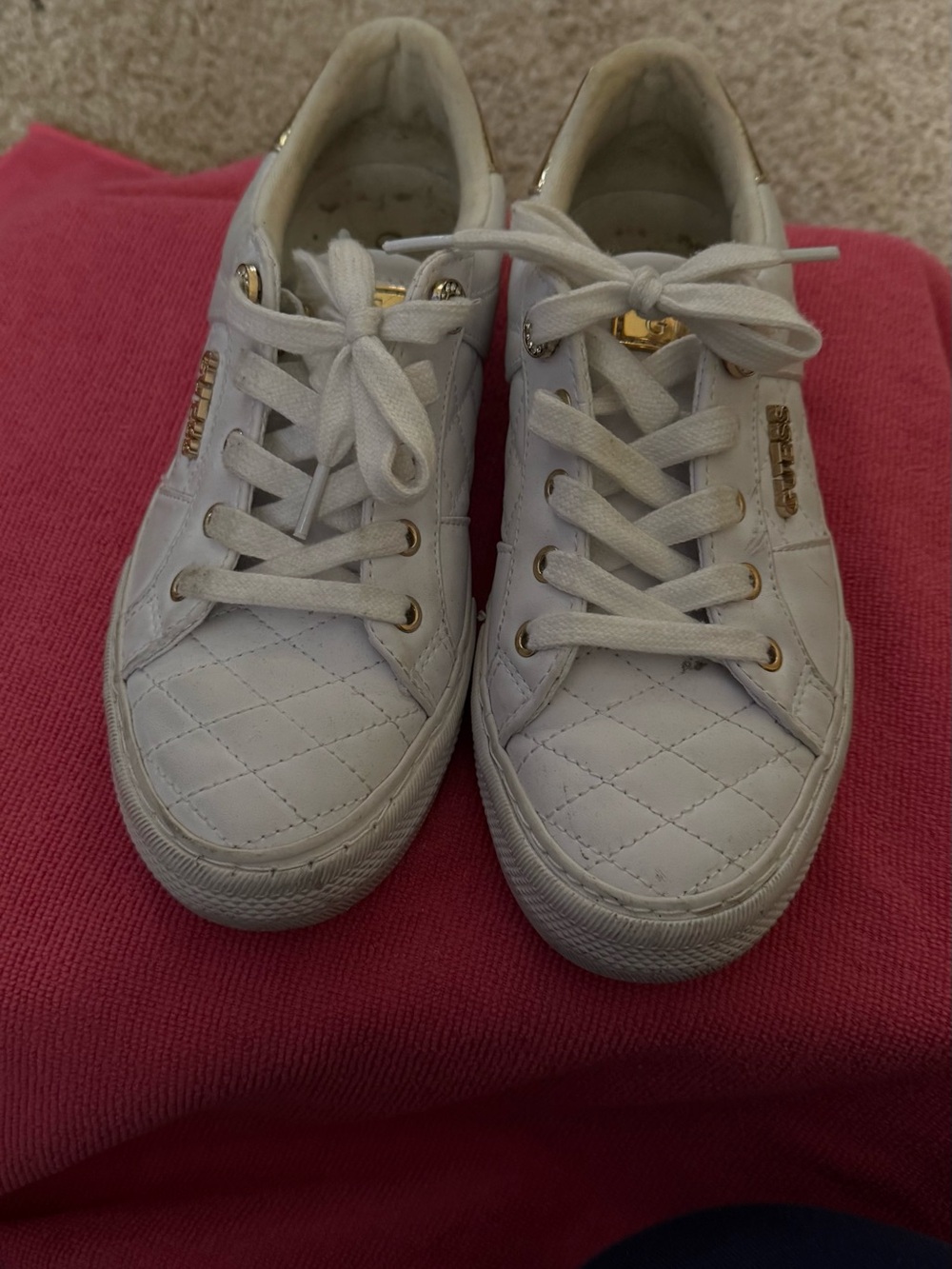 G by Guess White Quilted Sneakers with Gold Hardware